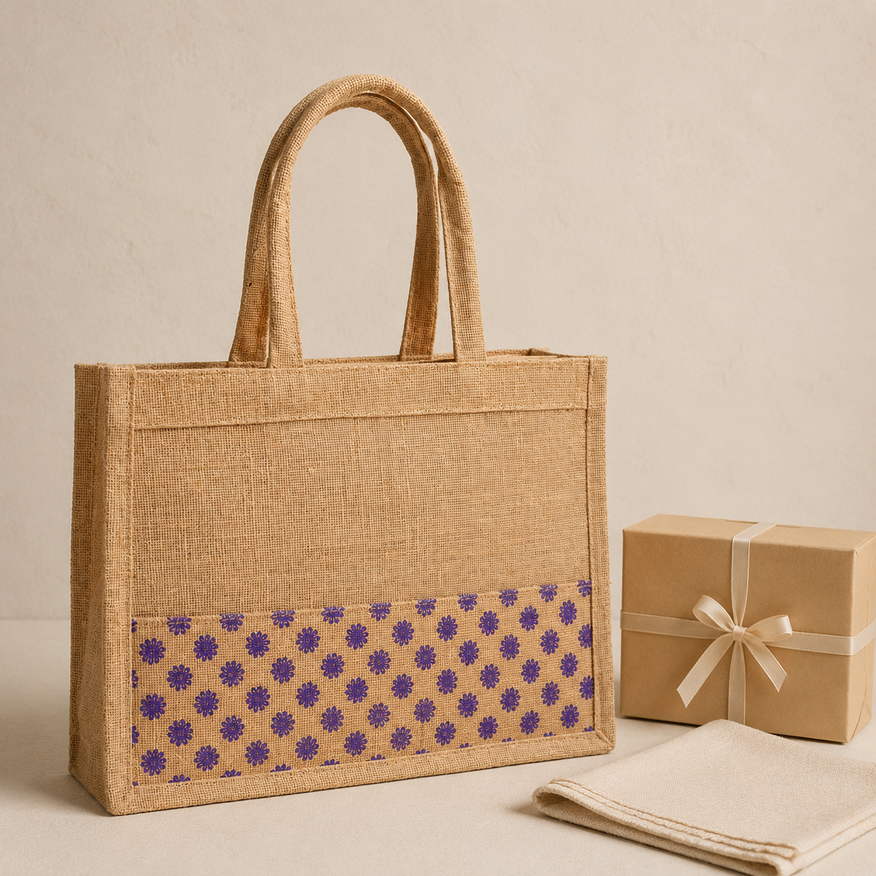 Natural jute tote bag presented beside a kraft gift box and folded cotton cloth