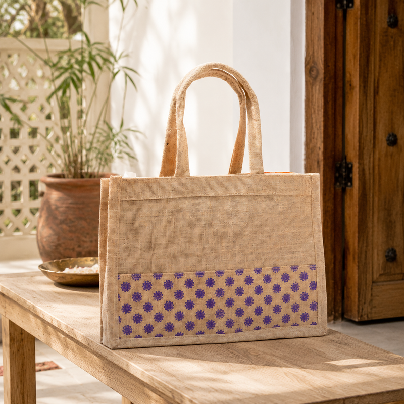 Handcrafted natural jute tote bag displayed on a wooden bench in a sunlit entryway