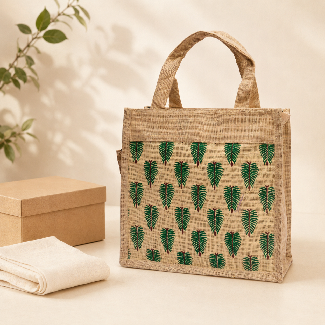Eco-friendly handcrafted jute tote presented with simple sustainable gift packaging