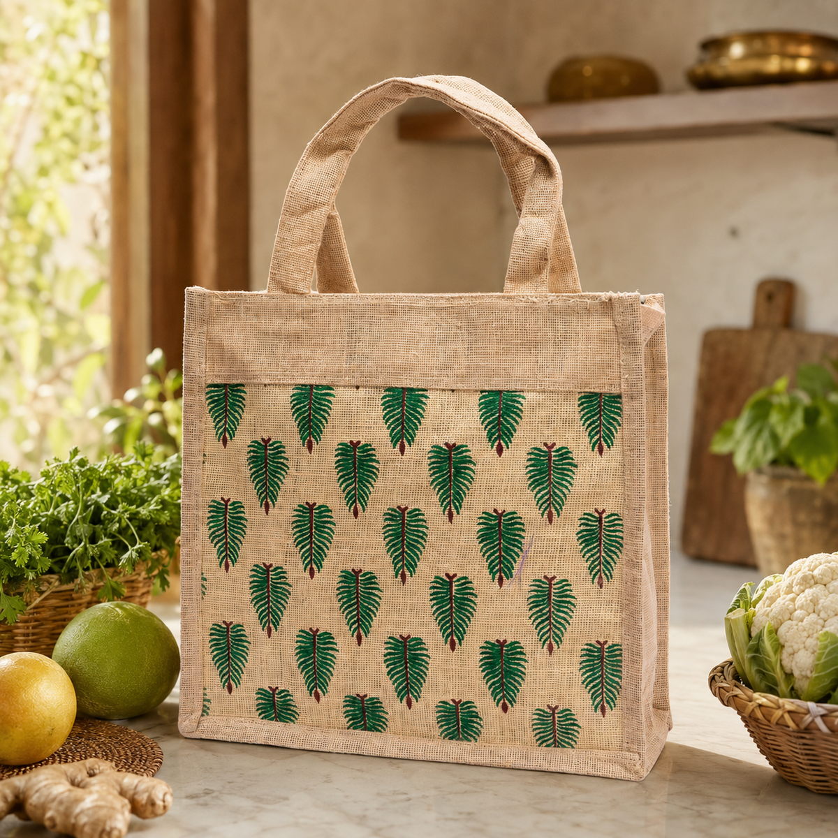 Handcrafted green-leaf jute tote displayed in a warm kitchen shopping scene