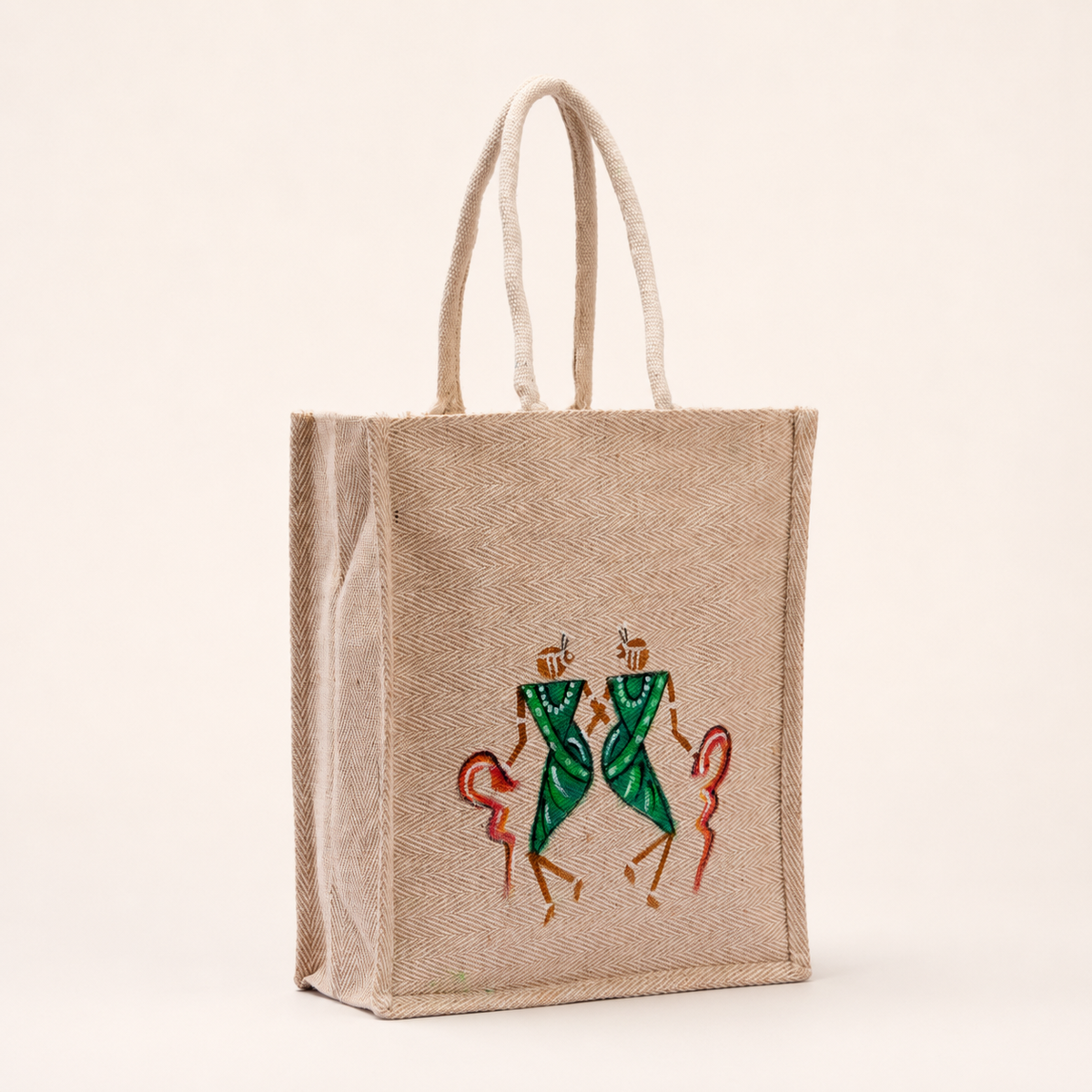 Hand-painted jute tote bag with two tribal dancer figures on a clean ivory background