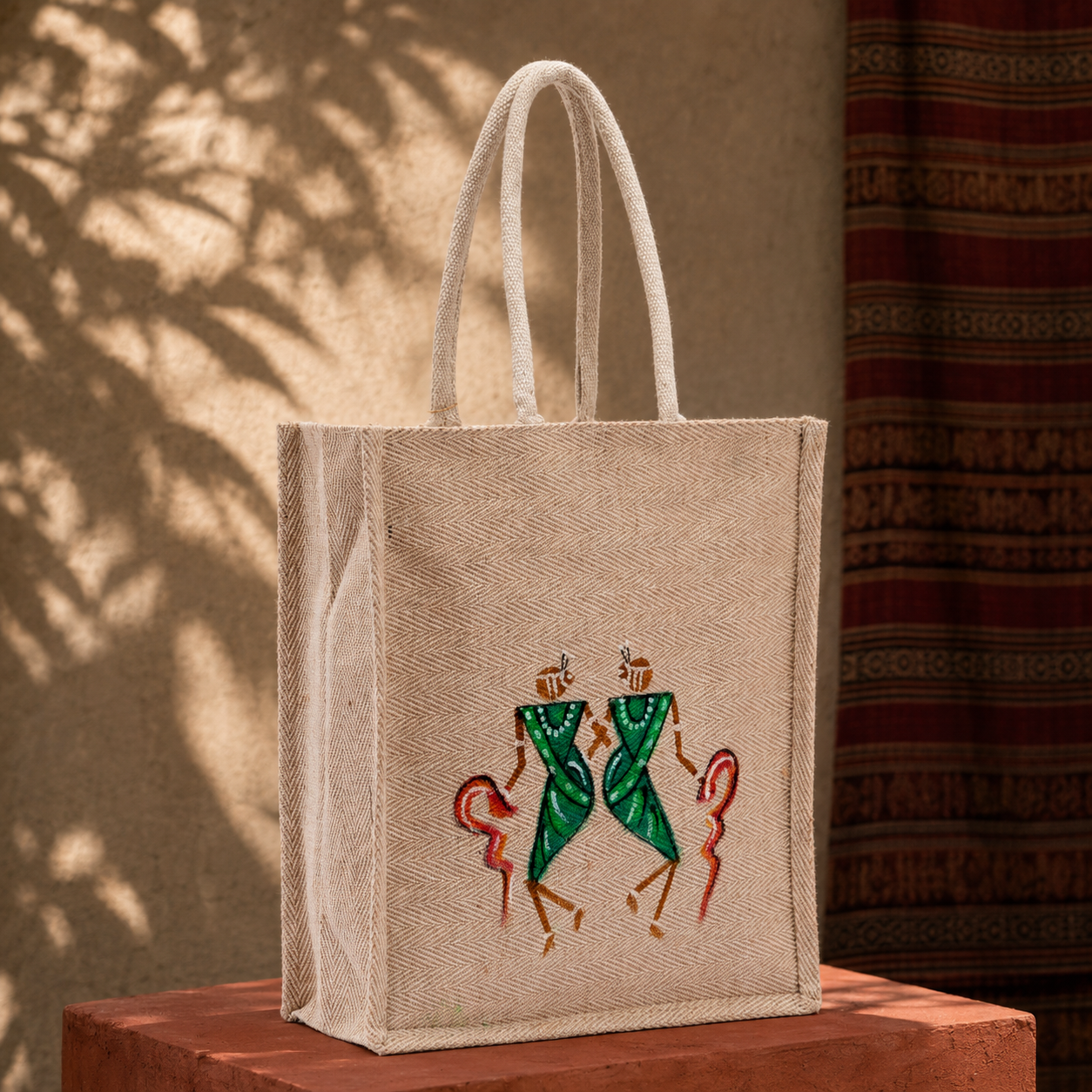 Hand-painted Bastar-style jute tote bag in a warm editorial craft setting
