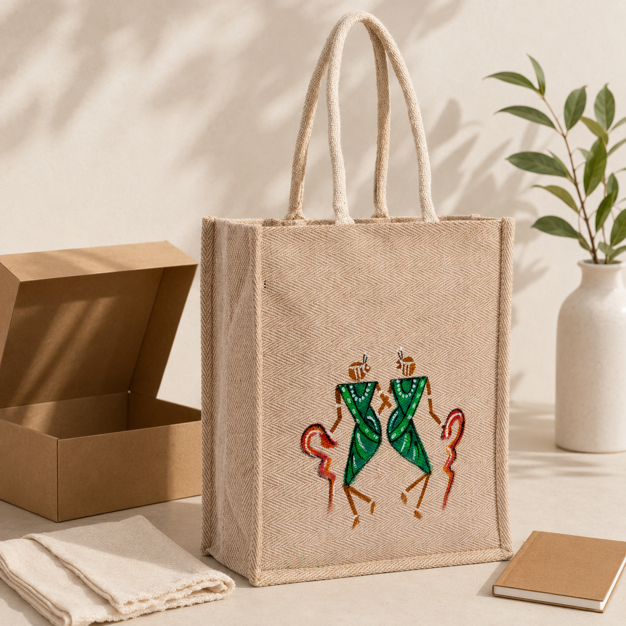 Hand-painted jute tote bag arranged with a kraft gift box, cotton cloth and notebook