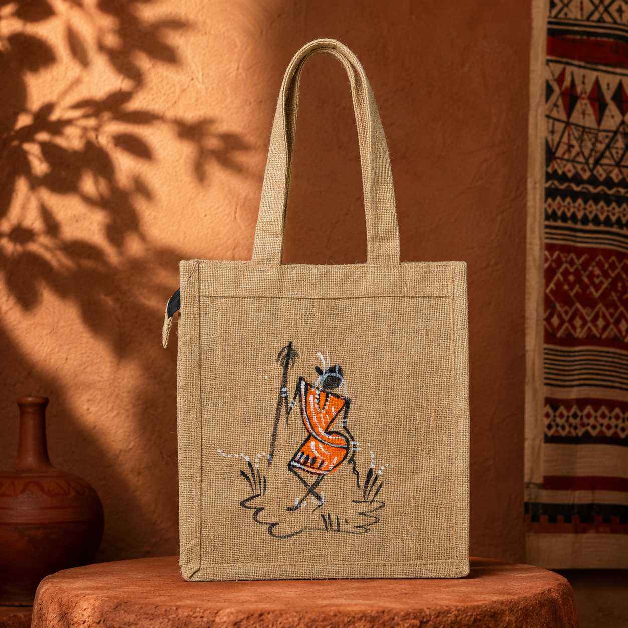 Hand-painted Bastar jute tote displayed on an ochre artisan plinth