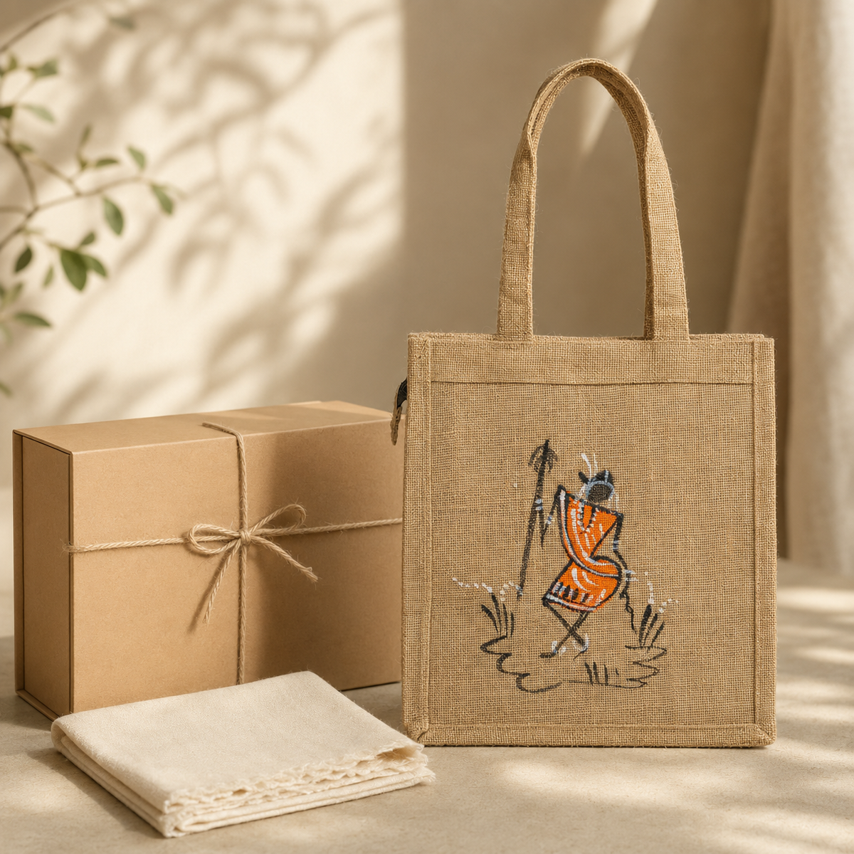 Hand-painted jute tote presented with a kraft gift box and cotton wrap