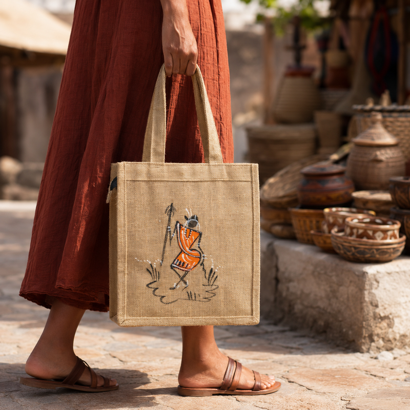 Natural jute tote with orange tribal artwork carried through an artisan market