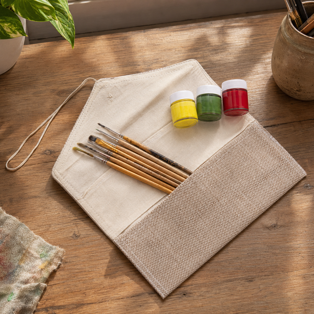 Jute fabric pouch organizing paintbrushes and three paint jars on an artist's desk