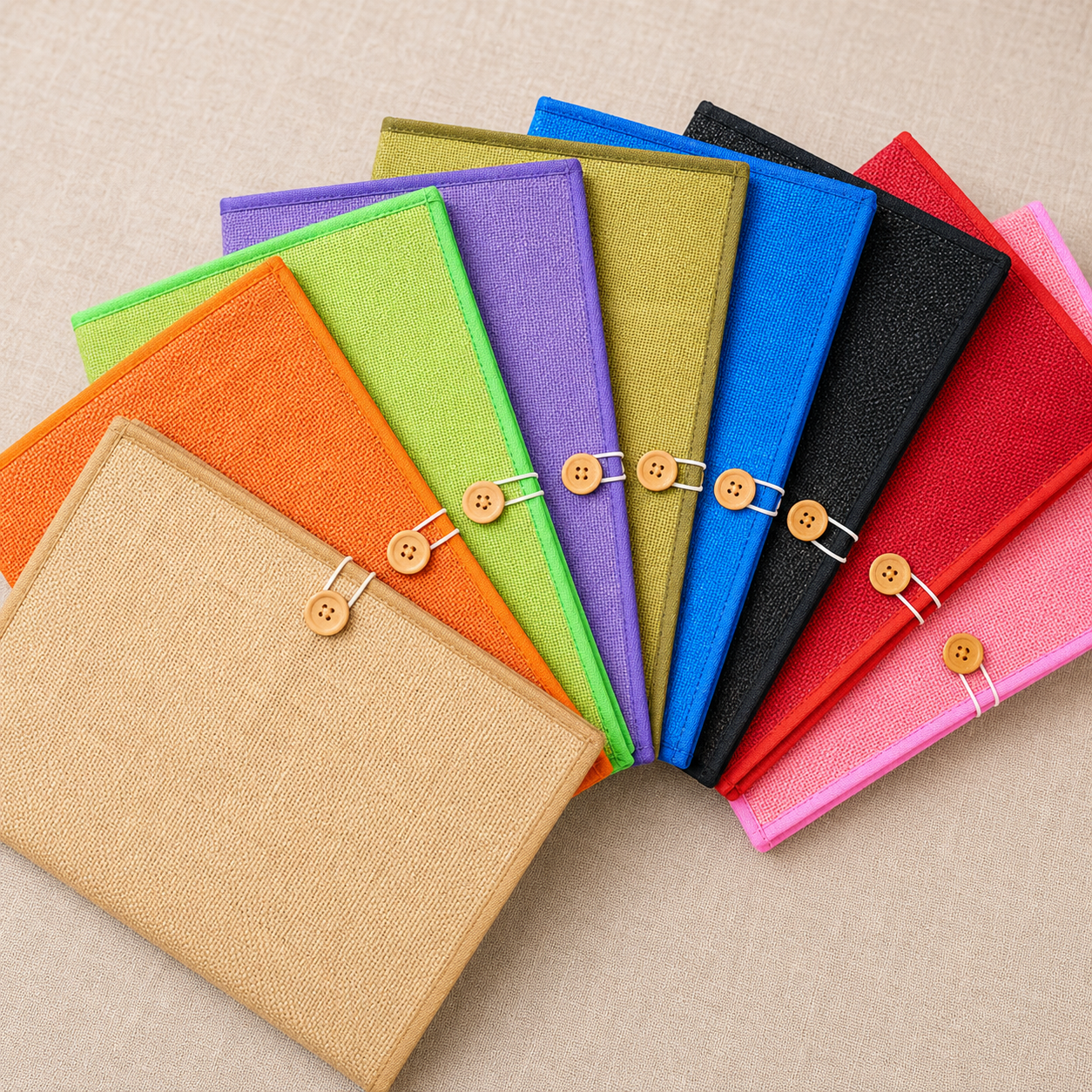 Close view of woven jute texture, coloured bindings and wooden button closures on nine folders