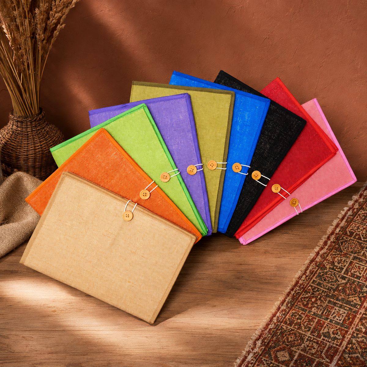 Nine handcrafted multicolour jute folders in a warm Bastar-inspired editorial setting