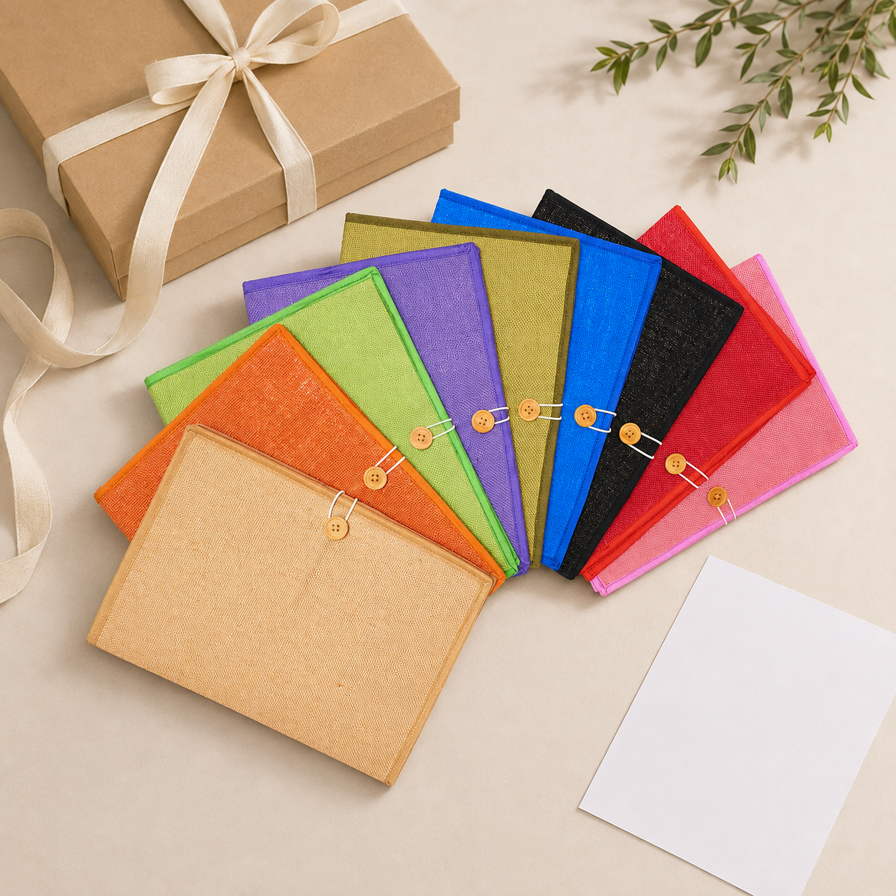 Nine multicolour jute document folders presented as a sustainable corporate gift