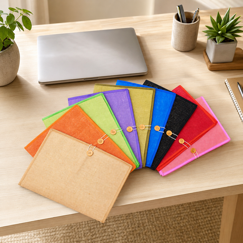 Nine colourful jute document folders arranged on a sustainable home-office desk