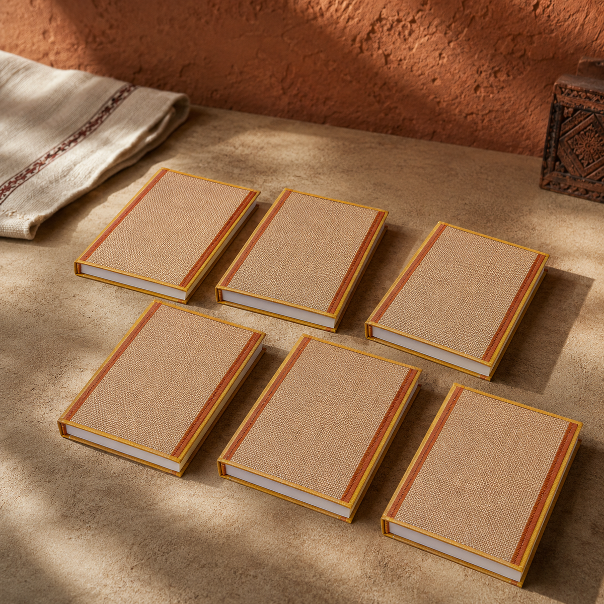 Six handcrafted jute notepads displayed in a warm Bastar-inspired artisan setting