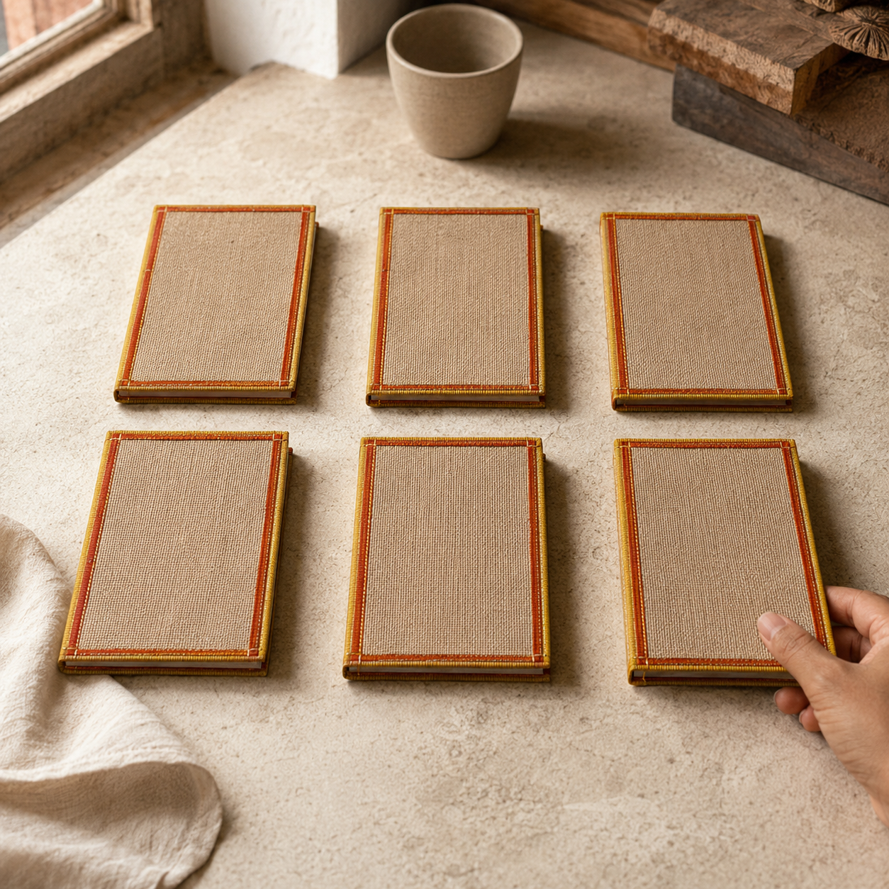 Six closed jute notepads on an artisan desk in warm window light