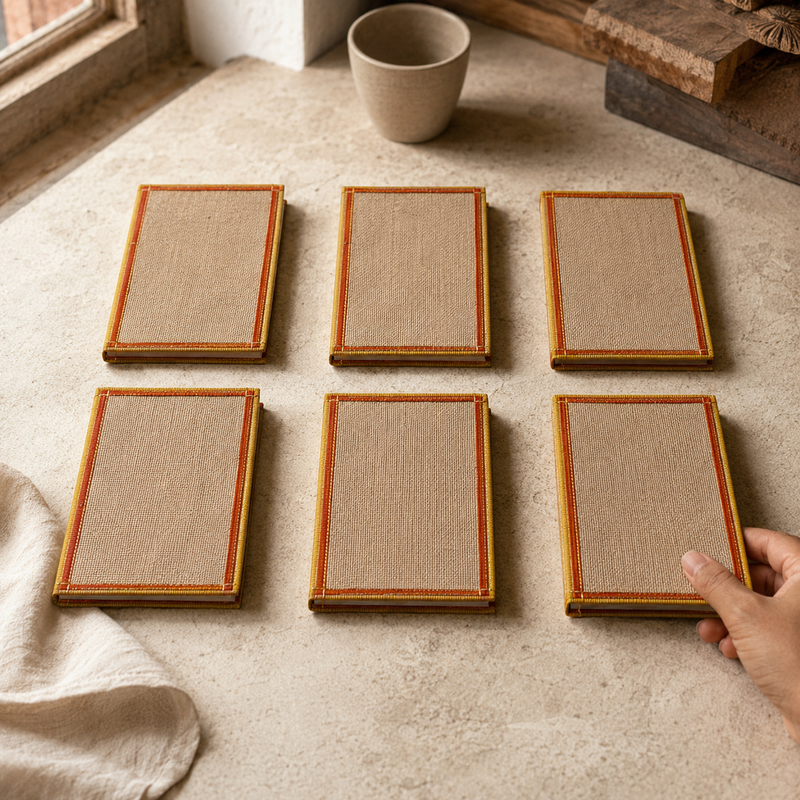 Six closed jute notepads on an artisan desk in warm window light