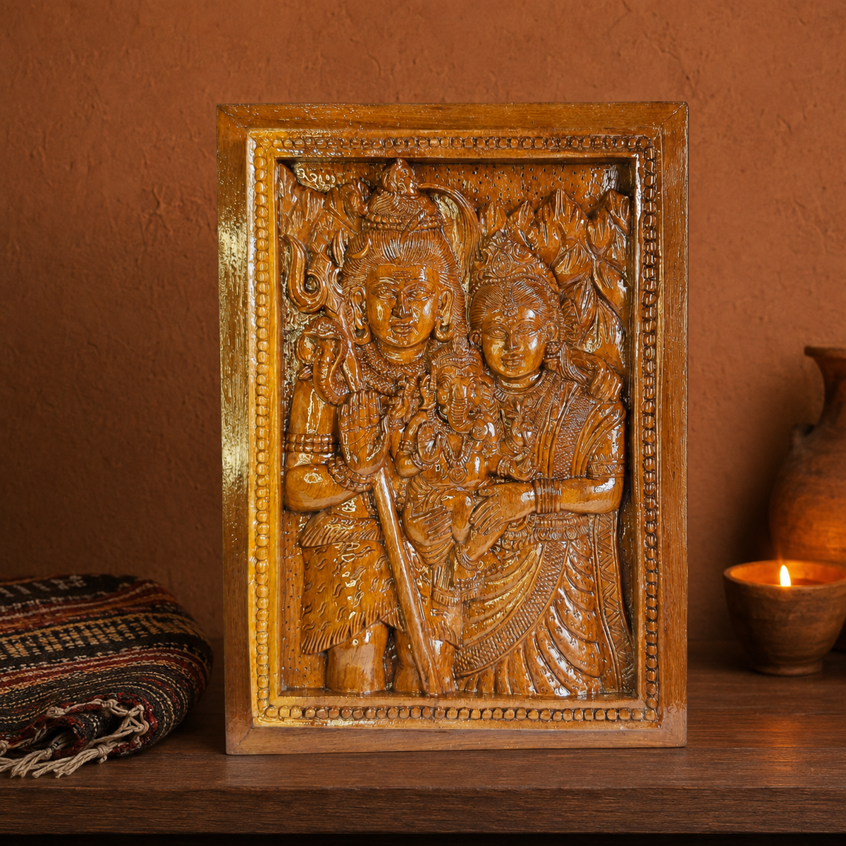 Shankar, Parvati and Ganesh wooden relief in a terracotta-toned Bastar craft setting