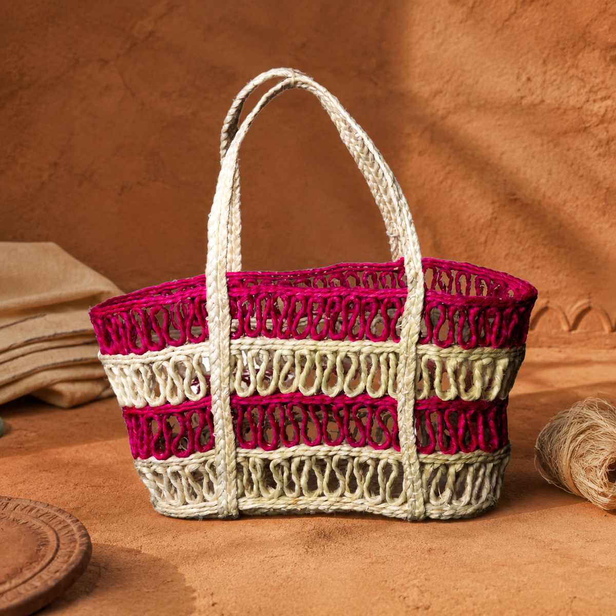 Handcrafted sisal tote photographed in a warm Bastar-inspired artisan setting
