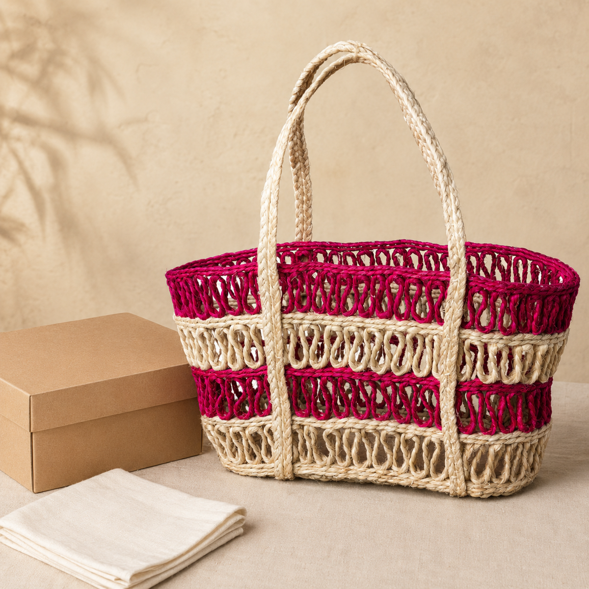 Handcrafted cream and magenta sisal tote presented beside a kraft gift box