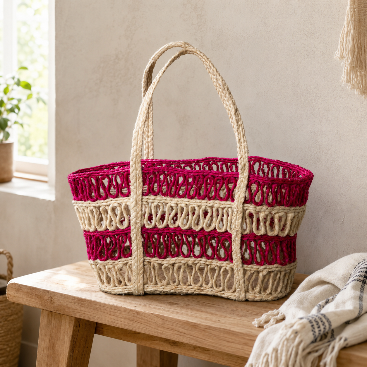 Cream and magenta handcrafted sisal tote displayed on a wooden bench in natural light