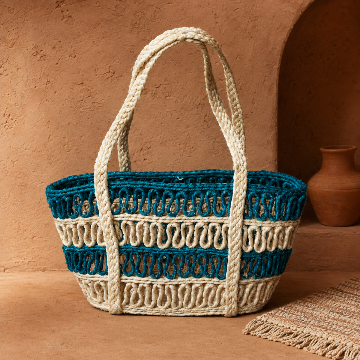 Handcrafted teal and cream sisal tote bag in a terracotta Bastar-inspired editorial setting