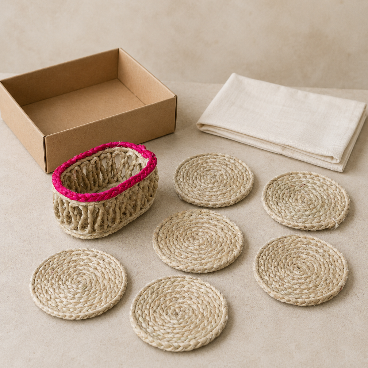 Sisal coaster set with six coasters and magenta-rimmed holder beside a kraft gift box