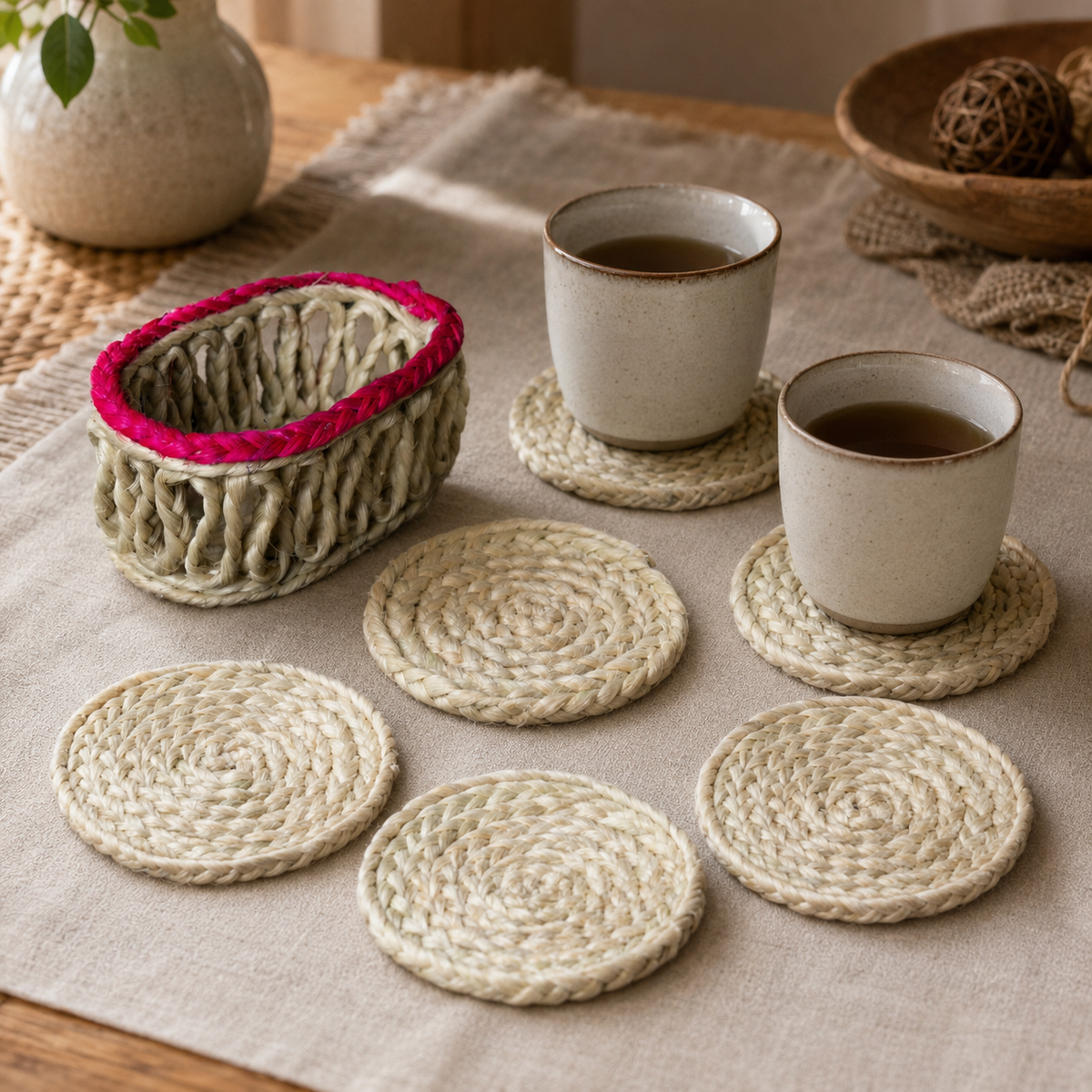 Sisal coaster set with two ceramic cups and four spare coasters on a dining table