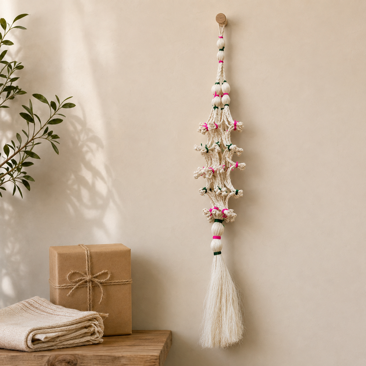 Cream sisal hanging decorative presented beside a sustainable kraft gift box and handloom cloth