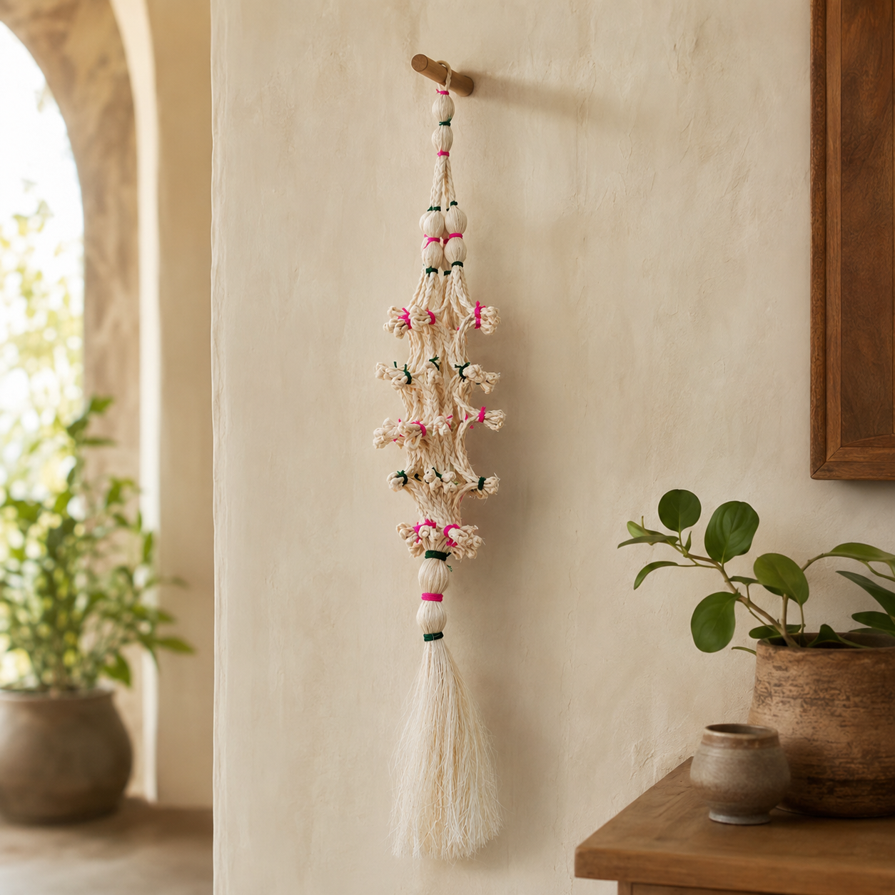 Handcrafted cream sisal hanging displayed on a peg in a warm natural entryway
