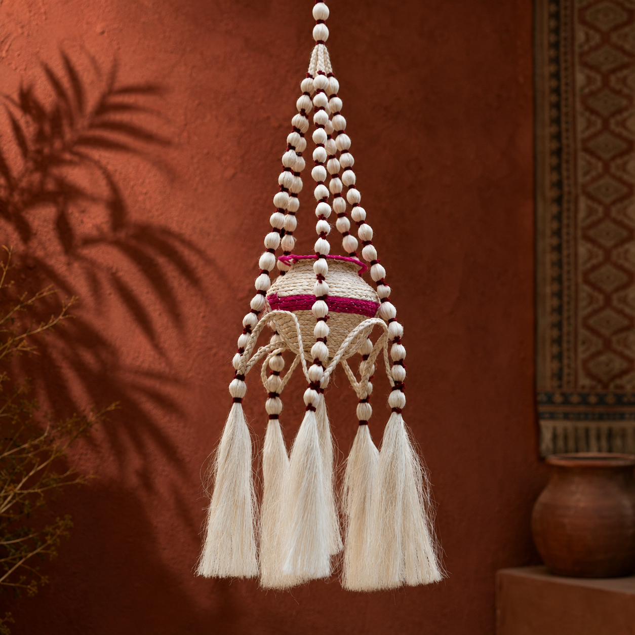 Sisal hanging planter with magenta bands in an ochre artisan gallery setting