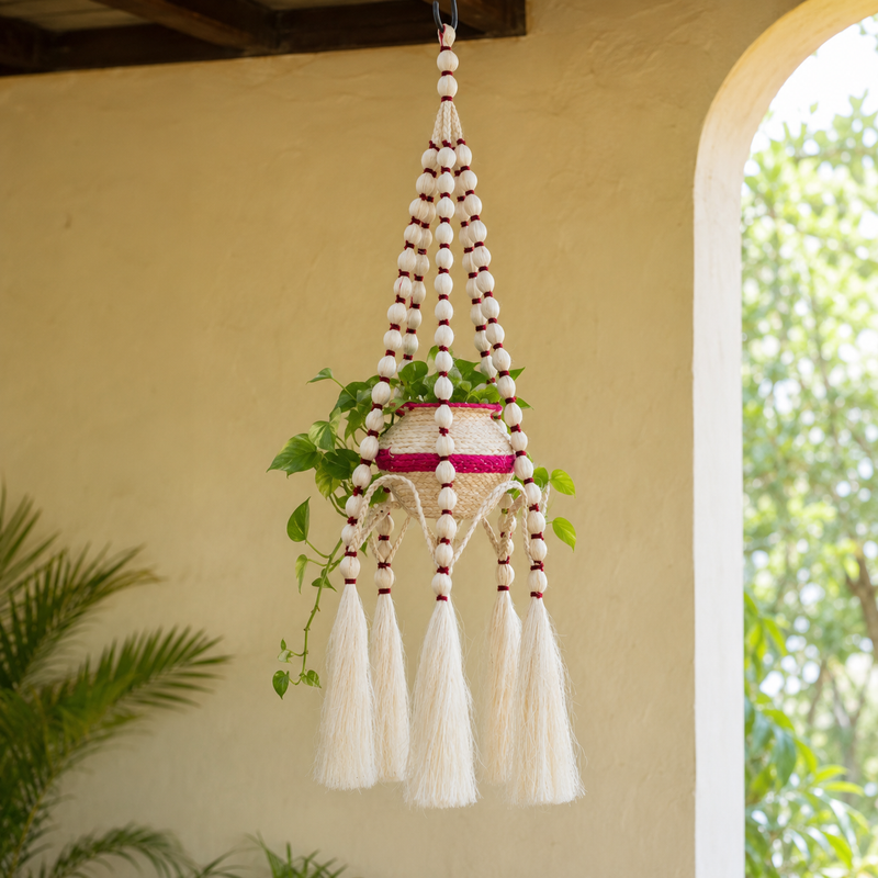 Handcrafted sisal hanging planter with a trailing pothos in a sunlit veranda