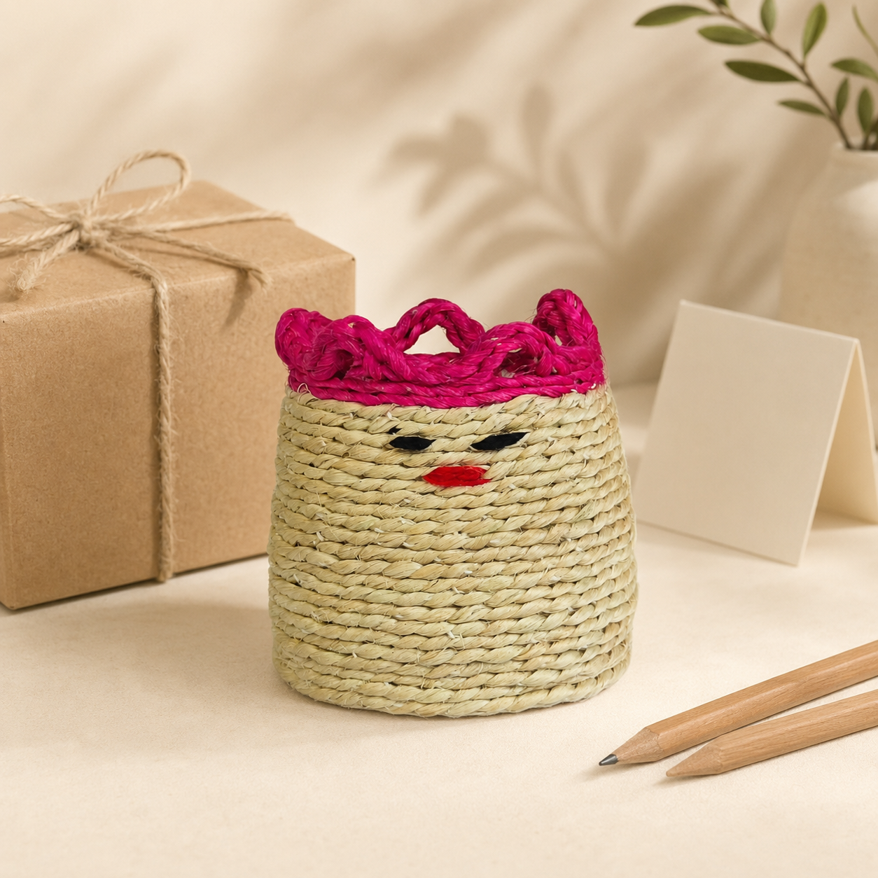 Sustainable sisal pen stand presented with a kraft gift box and pencils for scale