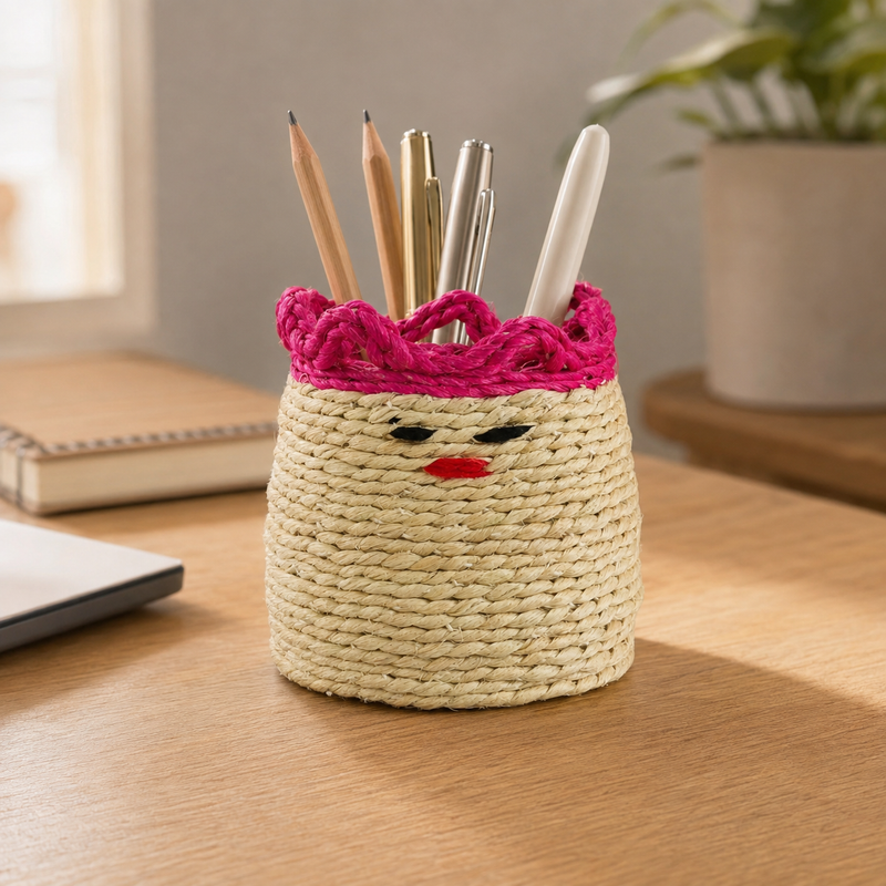 Handcrafted sisal pen stand holding stationery on a warm wooden home-office desk