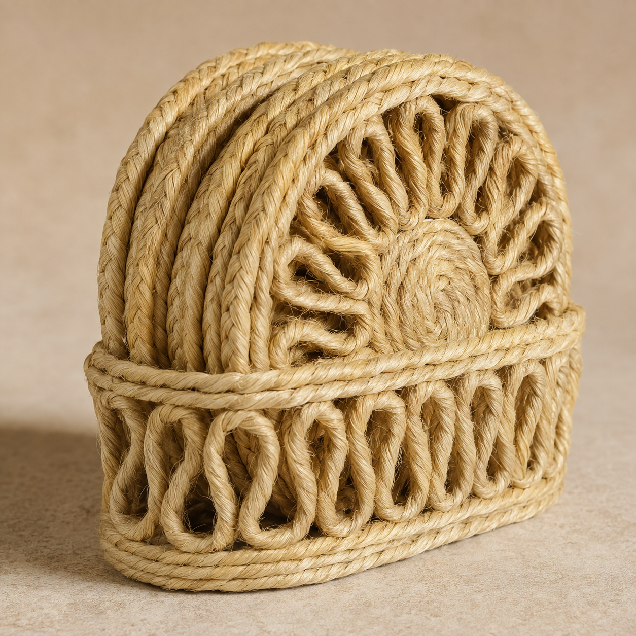 Close detail of braided sisal fibres, open-loop coaster pattern, and matching woven holder