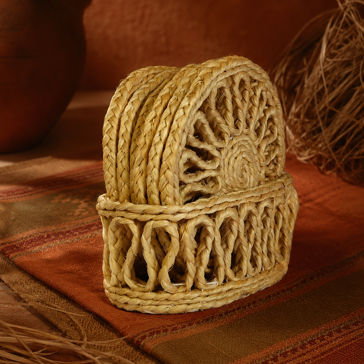 Handcrafted Bastar sisal coaster set in an earthy artisan-inspired editorial setting