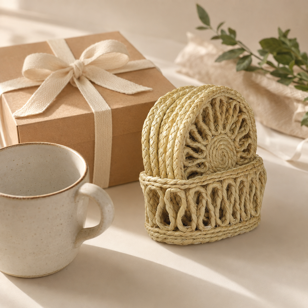 Natural sisal table coaster set presented with a kraft gift box and ceramic cup for scale