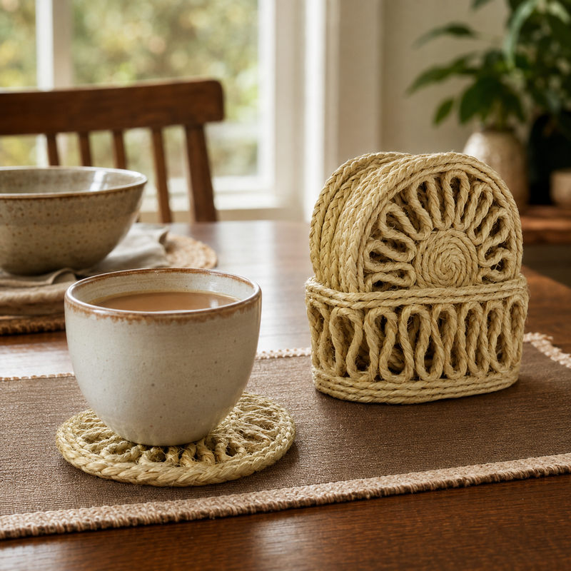 Natural sisal coaster set in use with a ceramic tea cup on a warm dining table