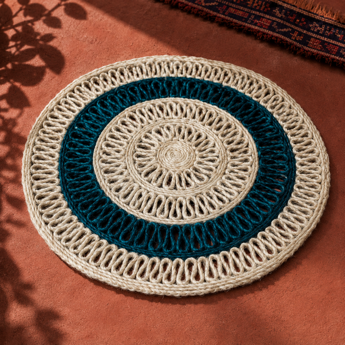 Beige and teal sisal placemat styled on an ochre artisan surface