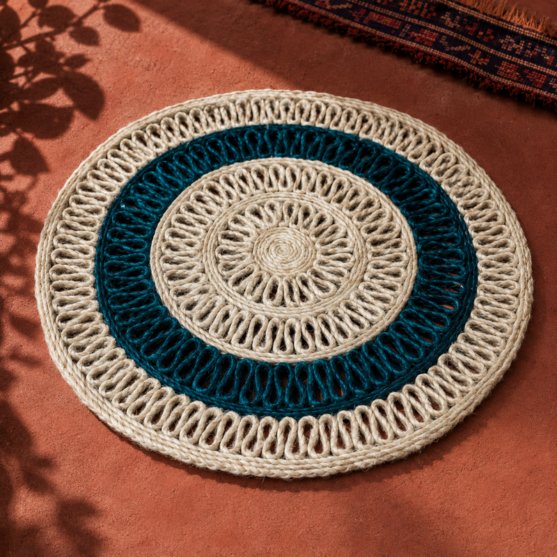 Beige and teal sisal placemat styled on an ochre artisan surface