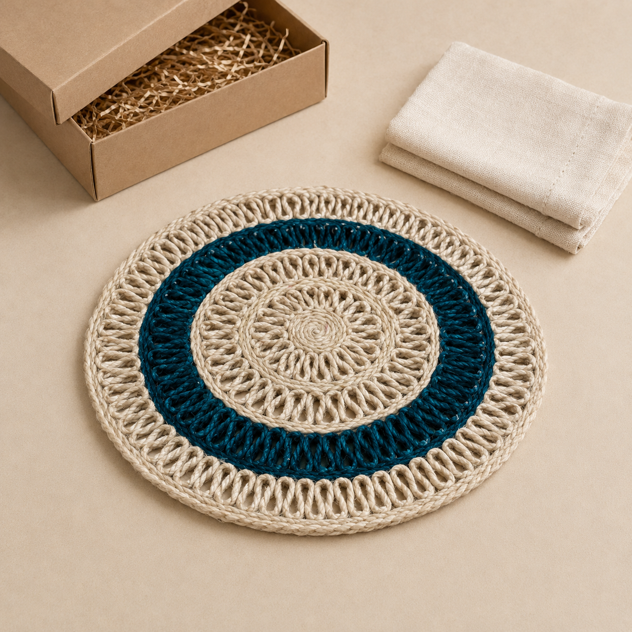Handwoven sisal table mat presented beside a kraft gift box and cotton napkin