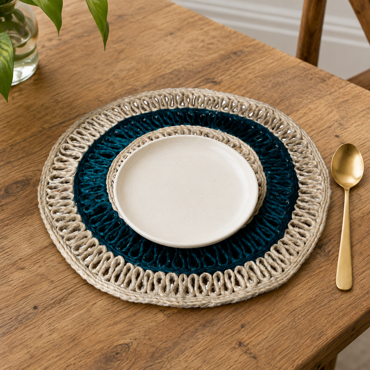 Handwoven sisal table mat used beneath an off-white plate on a wooden dining table