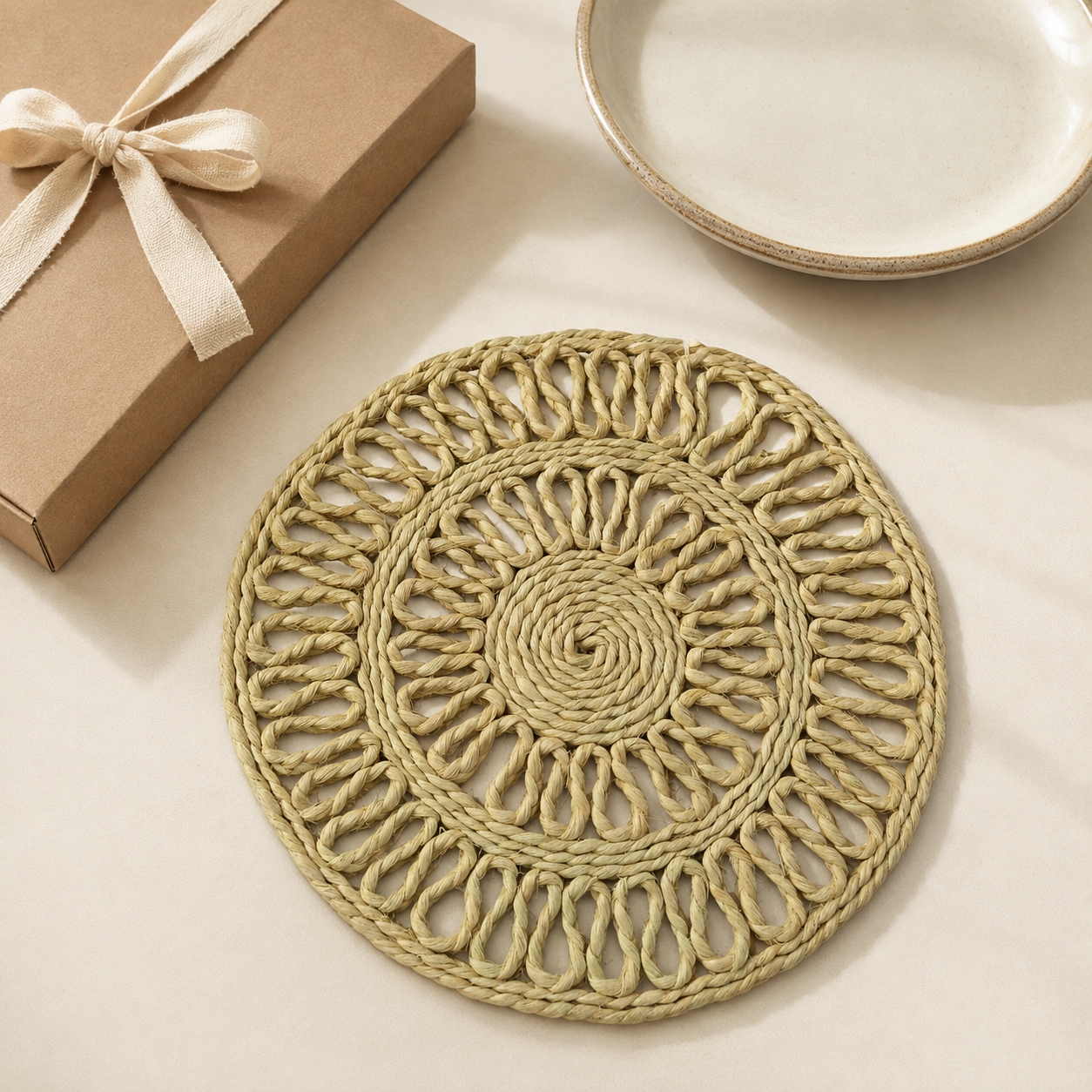 Natural sisal table mat presented beside a kraft gift box and ceramic dinner plate