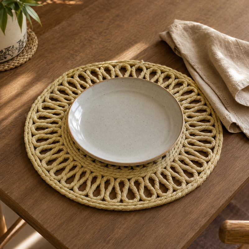 Handcrafted natural sisal placemat styled with a ceramic plate on a warm dining table