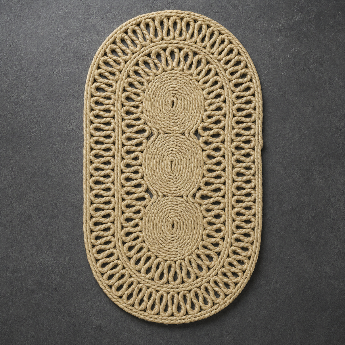 Sisal Table Mat Design 3 showing its braided border, open-loop weave and three spiral medallions