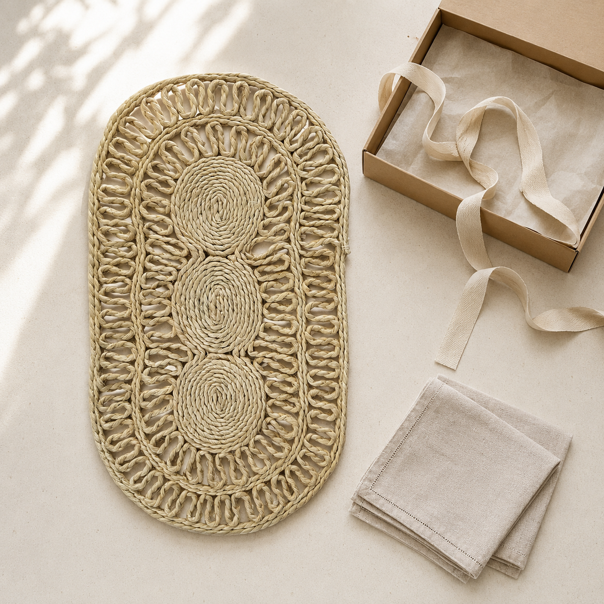 Sisal Table Mat Design 3 presented beside a kraft gift box and neutral table linens
