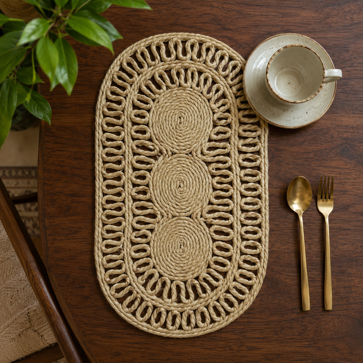 Sisal Table Mat Design 3 styled on a dark wooden dining table with a cup and brass cutlery