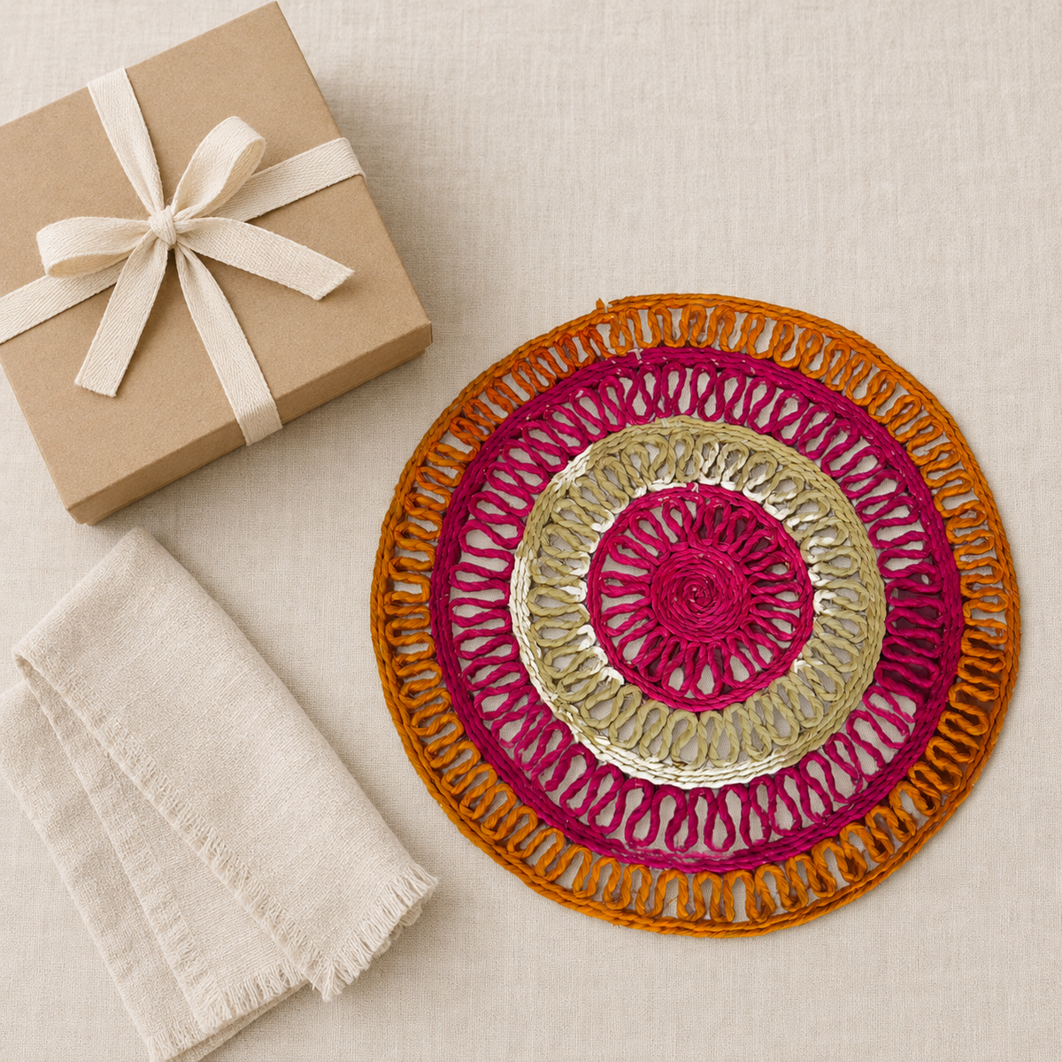 Multicolour sisal table mat presented beside a kraft gift box and folded neutral napkin