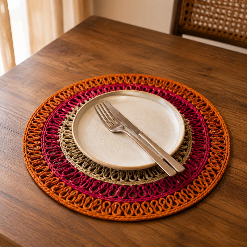 Multicolour sisal placemat styled with a ceramic plate on a warm wooden dining table