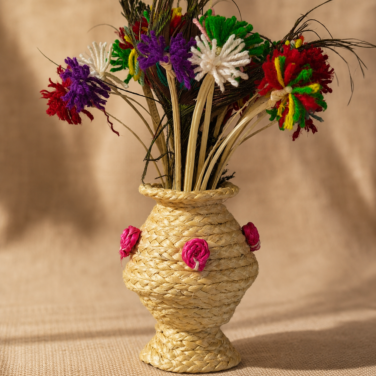 Close view of the braided natural sisal weave and magenta rosettes on the table vase