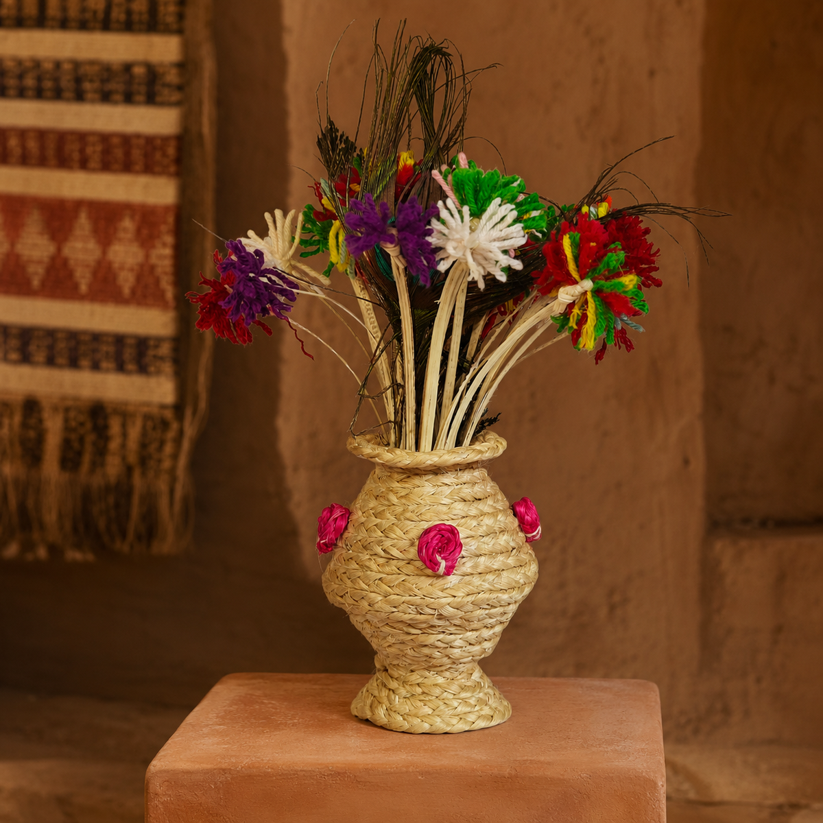 Handcrafted sisal table vase in a warm Bastar craft-inspired editorial setting