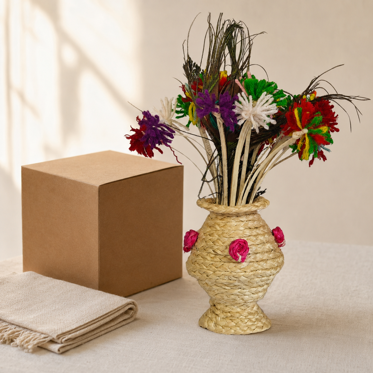 Sisal table vase with colourful fibre flowers presented beside a kraft gift box and folded cloth