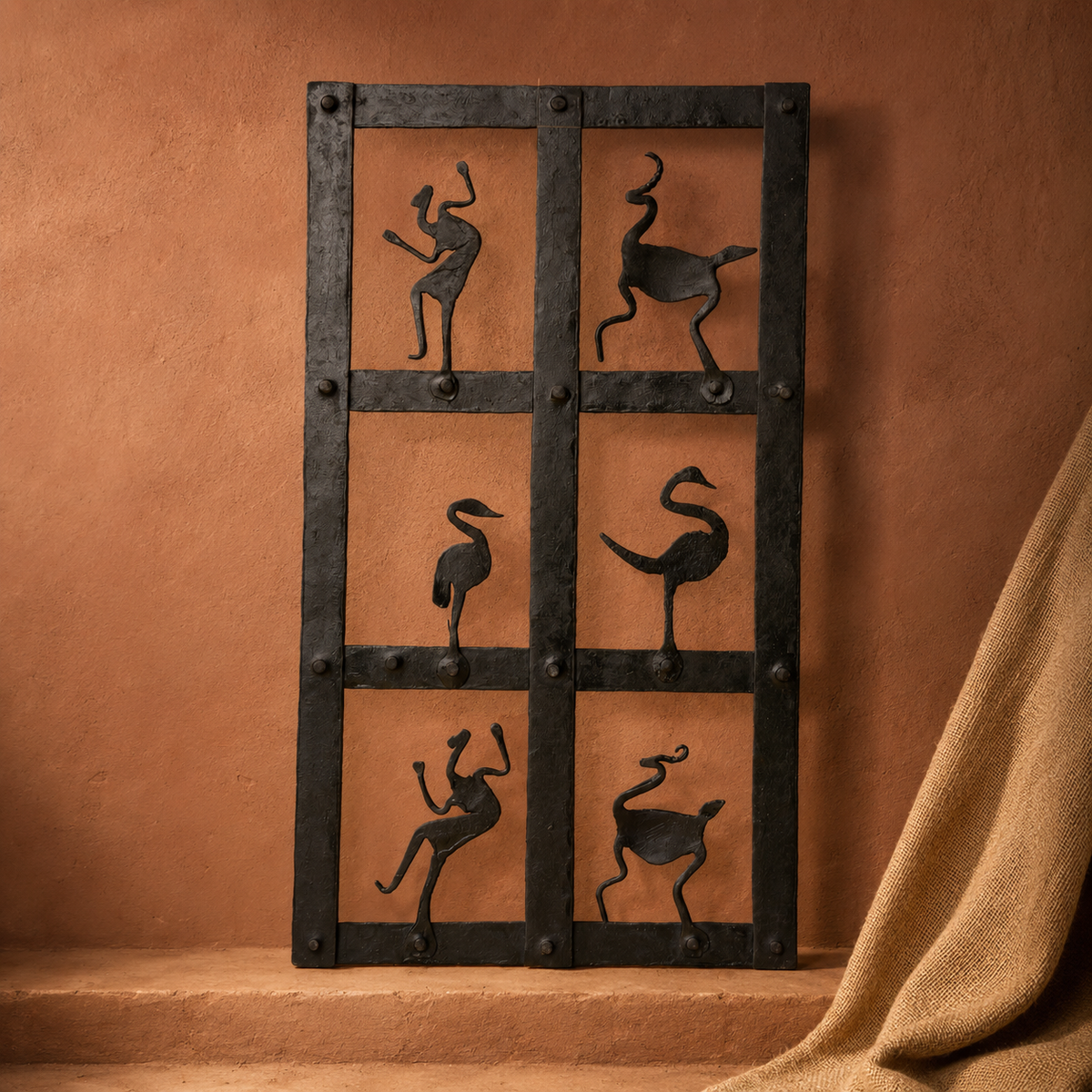 Bastar wrought iron tribal dance wall panel in an earthen craft-inspired setting